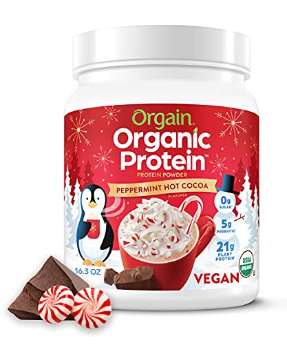 Orgain Organic Vegan Protein Powder, Peppermint Hot Cocoa Seasonal Holiday Flavor - 21g of Plant Based Protein, Non Dairy, Gluten Free, 2g of Fiber, No Sugar Added, Soy Free, Non-GMO, 1.02 Lb